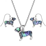 Kiara – Juego de collar con colgante de bulldog francés con incrustaciones de concha de abulón de paua verde y collar de piedra de cristal en cadena de 45 cm y pendientes de gancho hipoalergénico